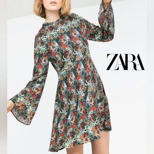 ❌SOLD Sz M Zara Floral Boho Bell Trumpet-Sleeve Jersey Knit Mini Dress